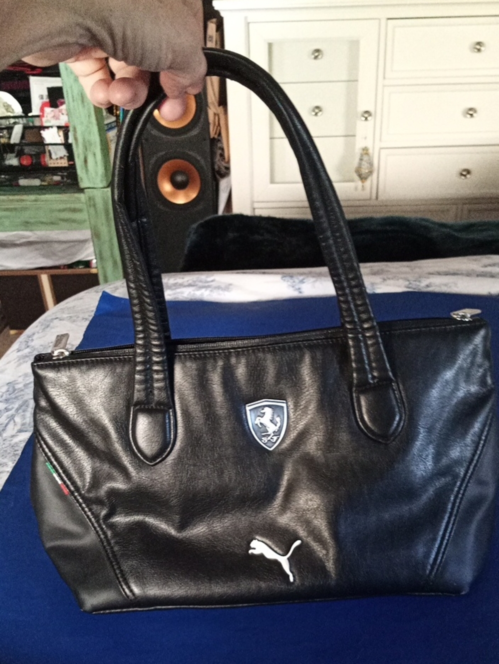Scuderia Ferrari Puma Black Leatherette Tote with Silver Accents